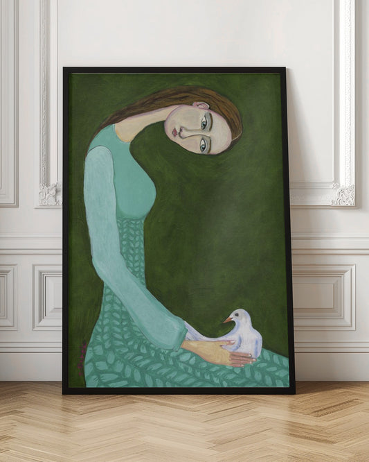 A stylized painting of a woman with a long, gracefully curved neck and brown hair against a dark olive green background. She is wearing a patterned teal dress and looking directly at the viewer while gently cradling a white dove in her hands. Artwork