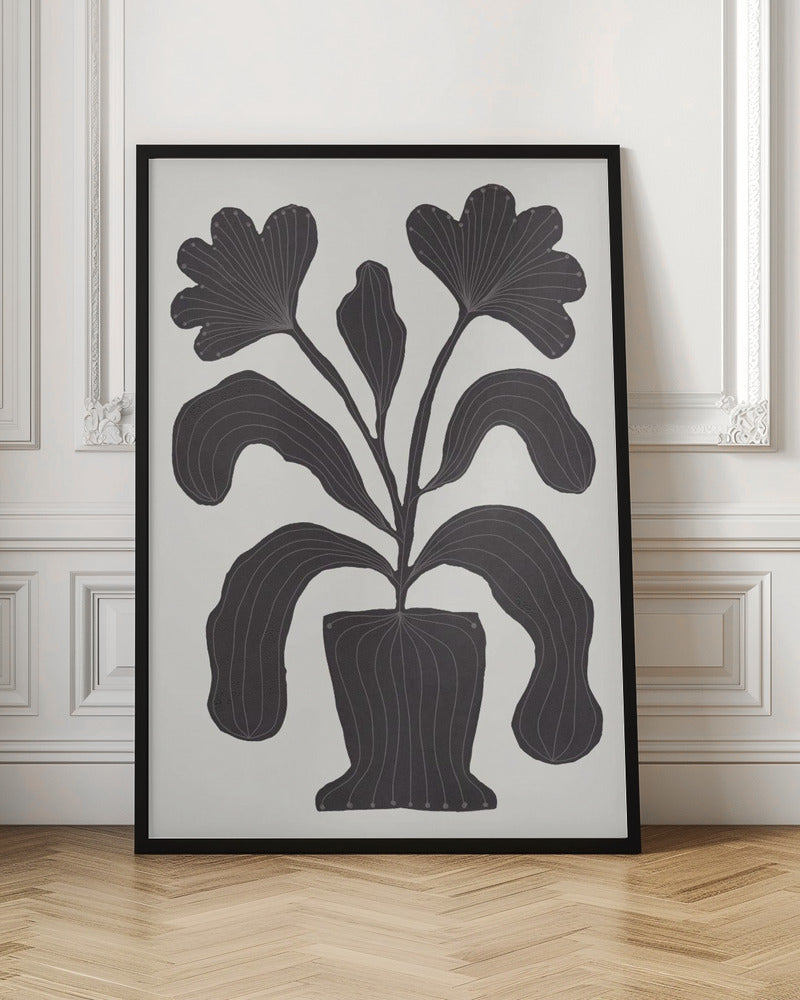 A modern black and white illustration of a stylized plant in a pot against an off-white background. The plant features large, drooping leaves and two fan-like flowers at the top. The entire black silhouette is detailed with fine, light-colored lines giving it texture and a sense of veining. Wall Art