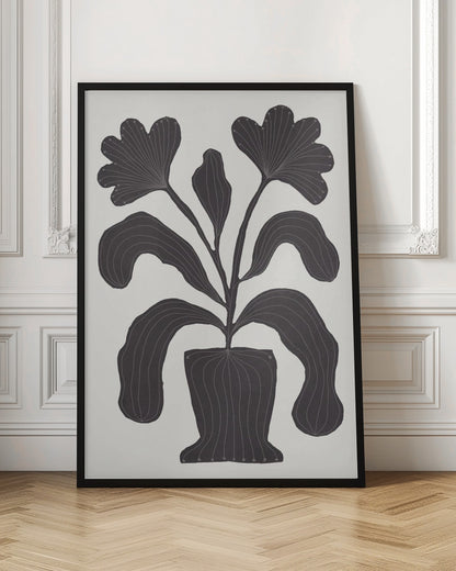A modern black and white illustration of a stylized plant in a pot against an off-white background. The plant features large, drooping leaves and two fan-like flowers at the top. The entire black silhouette is detailed with fine, light-colored lines giving it texture and a sense of veining. Wall Art