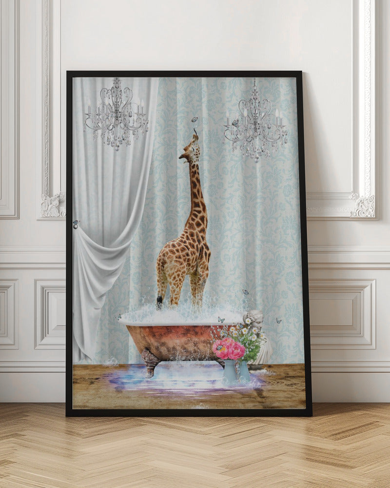 A surreal and whimsical artwork of a giraffe standing in a vintage clawfoot bathtub filled with bubbles. The bathroom is elegant, featuring light blue damask wallpaper, two crystal chandeliers, and a flowing white curtain. Butterflies flutter around the giraffe and a vase of pink and white flowers sits beside the tub. Artwork
