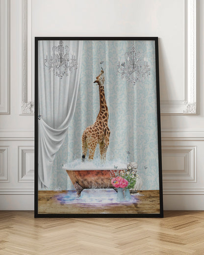 A surreal and whimsical artwork of a giraffe standing in a vintage clawfoot bathtub filled with bubbles. The bathroom is elegant, featuring light blue damask wallpaper, two crystal chandeliers, and a flowing white curtain. Butterflies flutter around the giraffe and a vase of pink and white flowers sits beside the tub. Artwork