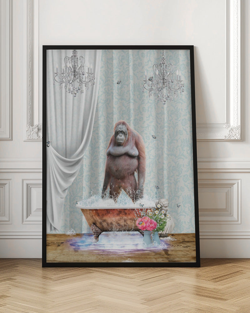 A surreal and whimsical artwork of an orangutan standing in a bubbly, vintage clawfoot bathtub inside a lavishly decorated bathroom with crystal chandeliers, light blue damask wallpaper, and elegant white curtains. Poster