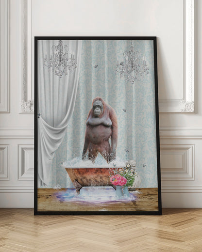 A surreal and whimsical artwork of an orangutan standing in a bubbly, vintage clawfoot bathtub inside a lavishly decorated bathroom with crystal chandeliers, light blue damask wallpaper, and elegant white curtains. Poster
