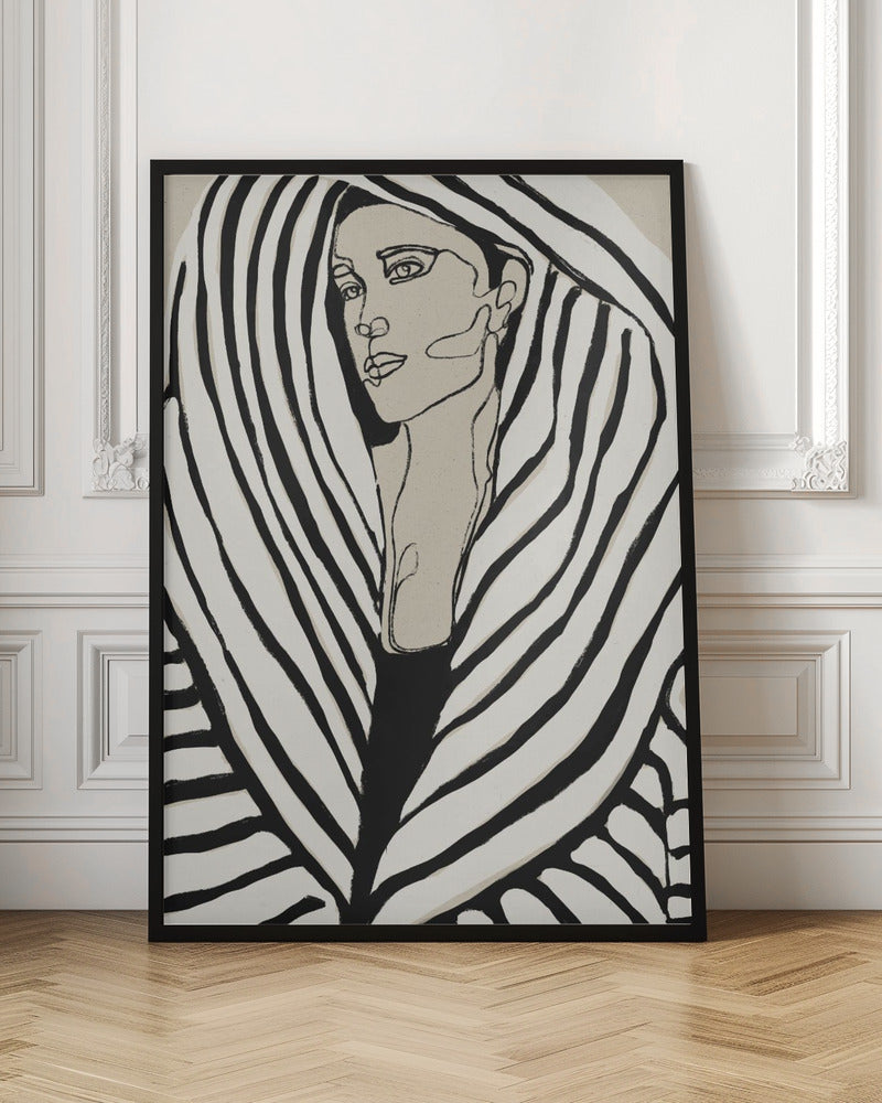 A modern, framed line art portrait of a woman. Her face is rendered in simple black outlines on a beige background, and she is wrapped in a voluminous garment with bold, graphic black and off-white stripes, creating a zebra-like pattern. Wall Art