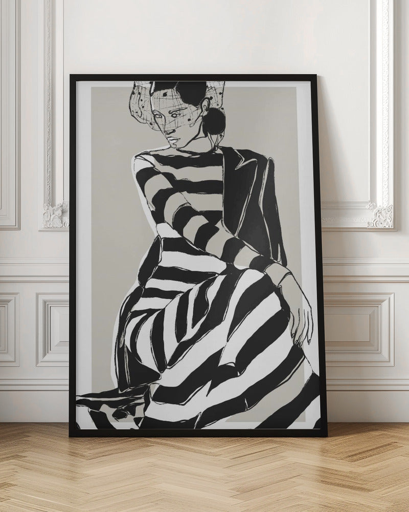 A modern, graphic illustration of a woman in a black and white striped dress and a black blazer. She sits with a pensive expression, wearing a stylish hat with a veil, against a neutral beige background. Wall Art