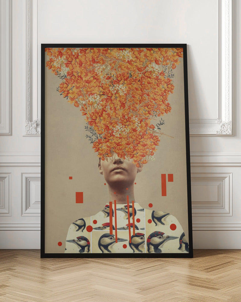 A surrealist collage featuring a portrait of a person whose head is replaced by an explosive bouquet of vibrant orange flowers. The person is wearing a shirt patterned with vintage illustrations of woodpeckers, and the composition is set against a neutral beige background with abstract red geometric shapes. Wall Art