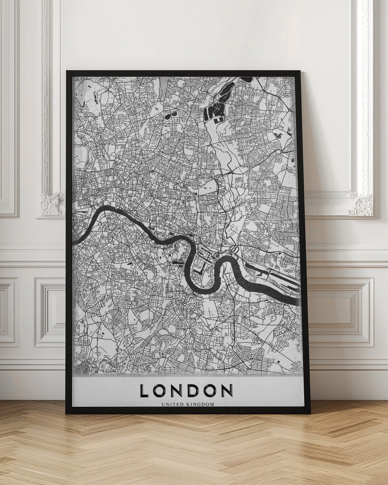 A minimalist black and white map of London, featuring the River Thames snaking through a detailed network of streets. The map is enclosed in a simple black frame, with the word 'LONDON' printed in a bold, modern font at the bottom. Artwork