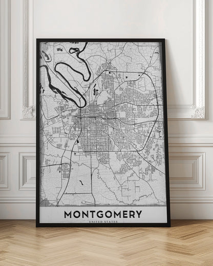 A minimalist black and white street map poster of Montgomery. The design features black lines for roads and a prominent river on a textured white background, all enclosed in a simple black frame. The city's name, 'MONTGOMERY', is displayed at the bottom. Wall Art