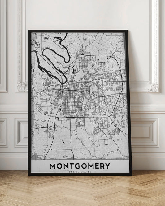 A minimalist black and white street map poster of Montgomery. The design features black lines for roads and a prominent river on a textured white background, all enclosed in a simple black frame. The city's name, 'MONTGOMERY', is displayed at the bottom. Wall Art