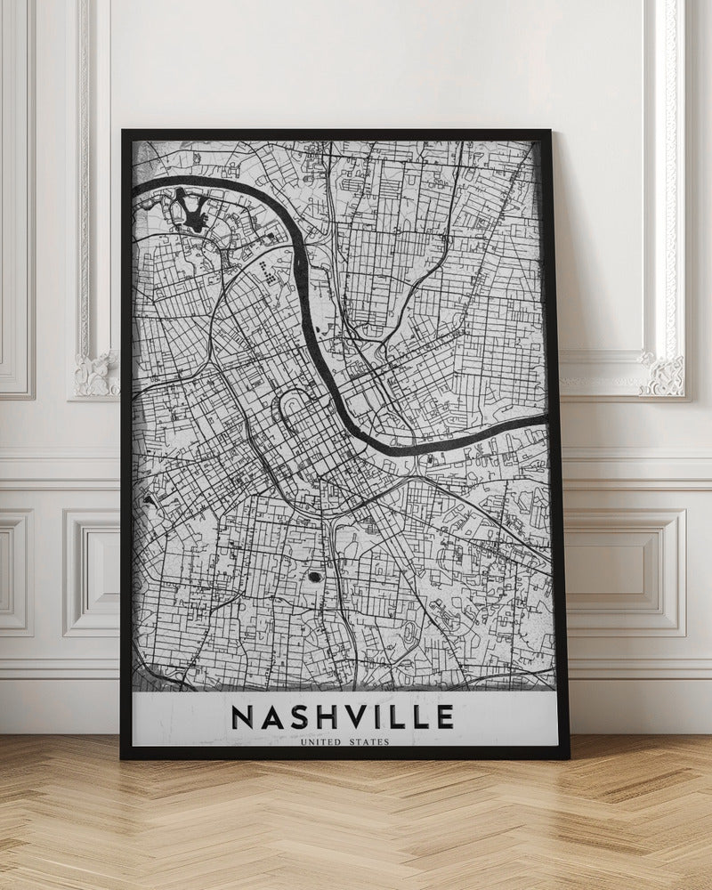 A modern, minimalist black and white street map of Nashville, Tennessee. The map details the city grid and the winding path of the Cumberland River. It is presented within a thick black frame, with the city's name 'NASHVILLE' printed in bold, black, capital letters at the bottom. Poster
