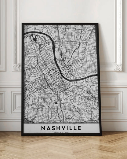 A modern, minimalist black and white street map of Nashville, Tennessee. The map details the city grid and the winding path of the Cumberland River. It is presented within a thick black frame, with the city's name 'NASHVILLE' printed in bold, black, capital letters at the bottom. Poster