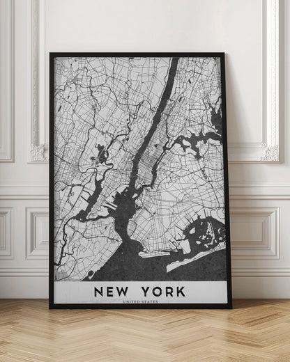 A minimalist black and white map of New York City. The land is depicted in white with a network of black lines for streets, while the rivers and bay are solid black. The artwork is enclosed in a thin black frame, and at the bottom, a white border contains the text 'NEW YORK' in a bold, black, sans-serif font. Wall Art