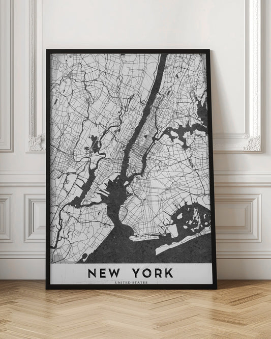 A minimalist black and white map of New York City. The land is depicted in white with a network of black lines for streets, while the rivers and bay are solid black. The artwork is enclosed in a thin black frame, and at the bottom, a white border contains the text 'NEW YORK' in a bold, black, sans-serif font. Wall Art