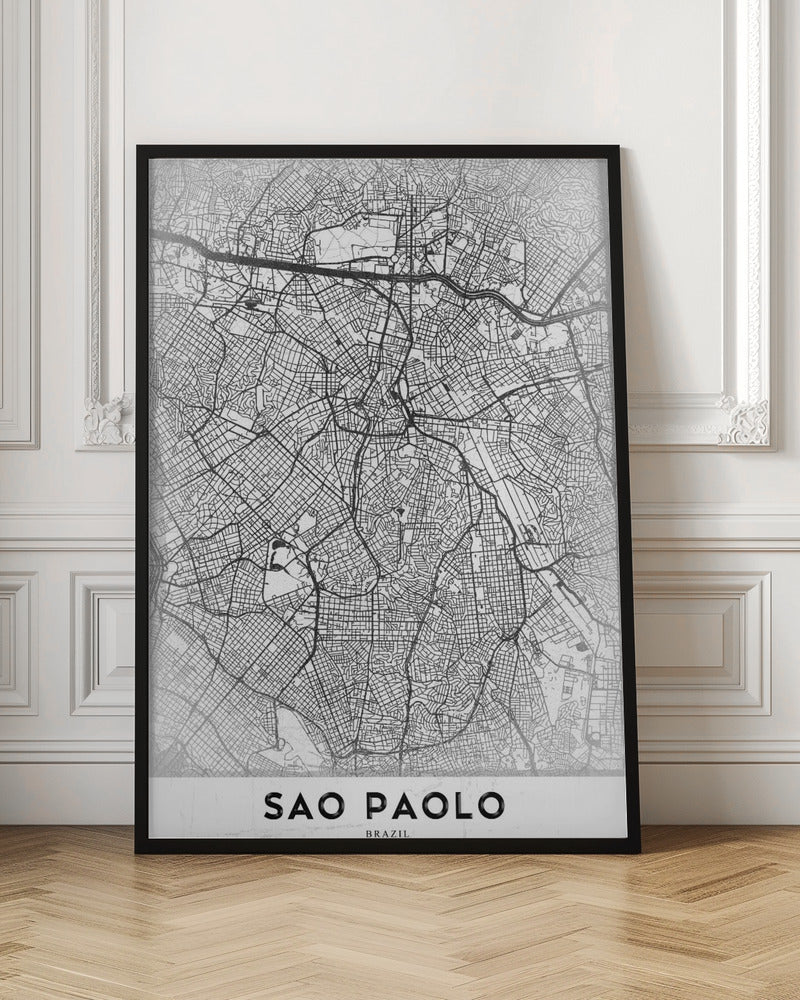 A minimalist black and white map of Sao Paolo, showcasing the intricate network of city streets and highways. The poster is enclosed in a simple black frame and features the city's name 'SAO PAOLO' in bold capital letters at the bottom. Artwork