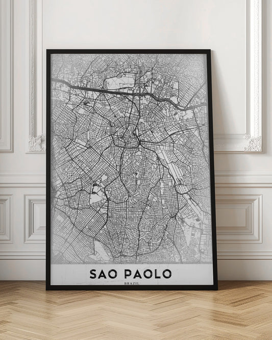A minimalist black and white map of Sao Paolo, showcasing the intricate network of city streets and highways. The poster is enclosed in a simple black frame and features the city's name 'SAO PAOLO' in bold capital letters at the bottom. Artwork