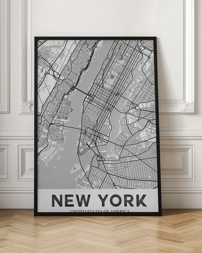 A modern, black and white map poster of New York City, featuring a detailed street grid of Manhattan and surrounding boroughs. The poster has a clean, minimalist design and is labeled 'NEW YORK' in bold capital letters at the bottom, all enclosed in a simple black frame. Poster