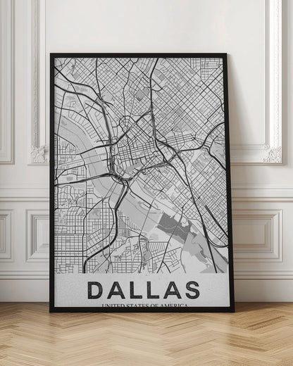 A modern, minimalist black and white map of Dallas, Texas, framed in black. The map shows a detailed network of roads, highways, and a river, with the city name 'DALLAS' in large, bold letters at the bottom. Wall Art