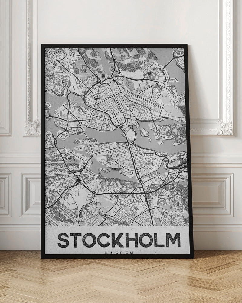 A modern, black and white framed map of Stockholm, Sweden. The minimalist design highlights the city's intricate network of streets, islands, and waterways. The name 'STOCKHOLM' is printed in large, bold, black font at the bottom. Decor