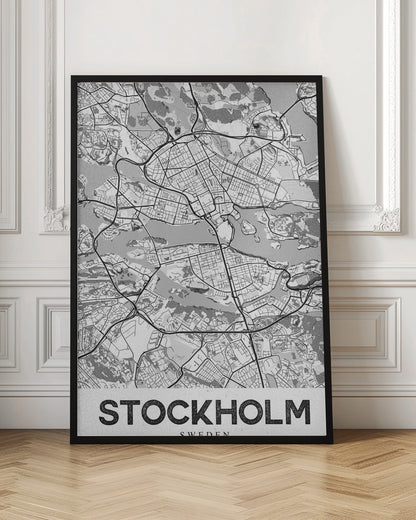 A modern, black and white framed map of Stockholm, Sweden. The minimalist design highlights the city's intricate network of streets, islands, and waterways. The name 'STOCKHOLM' is printed in large, bold, black font at the bottom. Decor