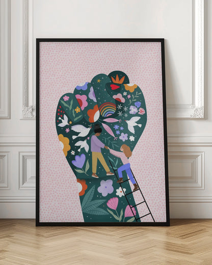 An illustration of a raised fist, a symbol of power and solidarity, against a pink dotted background. The fist is dark green and decorated with colorful flowers, white doves, a rainbow, and two women helping each other, one pulling the other up a ladder, symbolizing female empowerment and unity. Poster