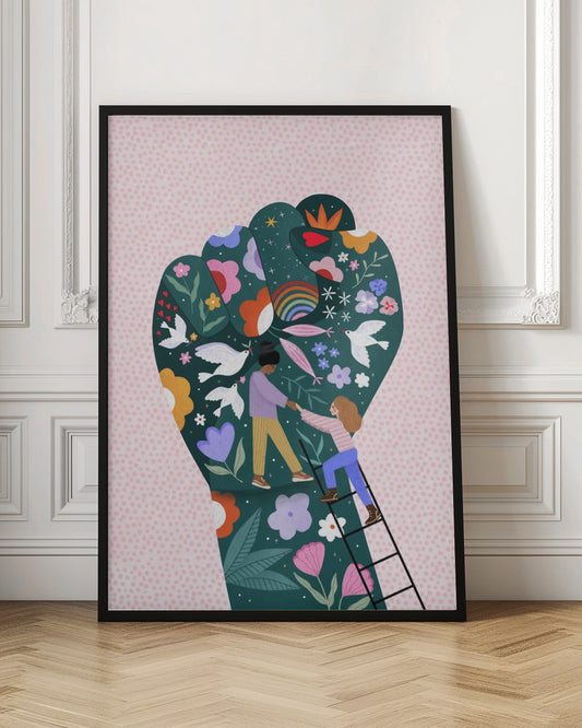 An illustration of a raised fist, a symbol of power and solidarity, against a pink dotted background. The fist is dark green and decorated with colorful flowers, white doves, a rainbow, and two women helping each other, one pulling the other up a ladder, symbolizing female empowerment and unity. Poster