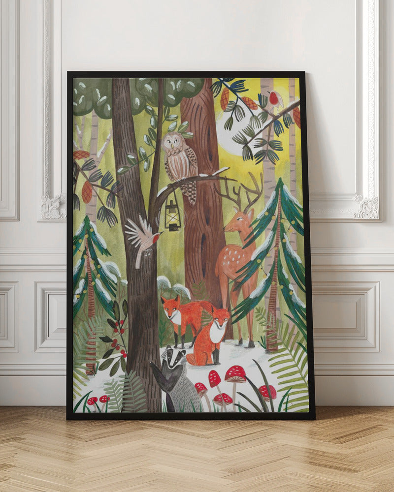 A whimsical illustration of a snowy forest scene filled with various woodland creatures. An owl perches on a branch with a lantern, a deer stands near a decorated pine tree, two red foxes and a badger are on the snowy ground near red toadstools, and birds fly and sit on branches under a yellow sun. Decor