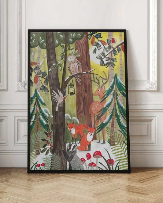 A whimsical illustration of a snowy forest scene filled with various woodland creatures. An owl perches on a branch with a lantern, a deer stands near a decorated pine tree, two red foxes and a badger are on the snowy ground near red toadstools, and birds fly and sit on branches under a yellow sun. Decor