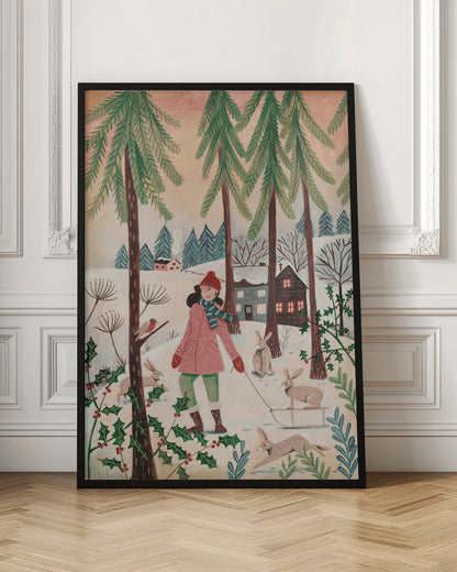 A whimsical illustration of a girl in a pink coat and red hat walking through a snowy forest. She is pulling a small sled with a rabbit on it, and is surrounded by other rabbits, a robin, and holly bushes. In the background are tall pine trees and cozy houses in a winter village. Wall Art