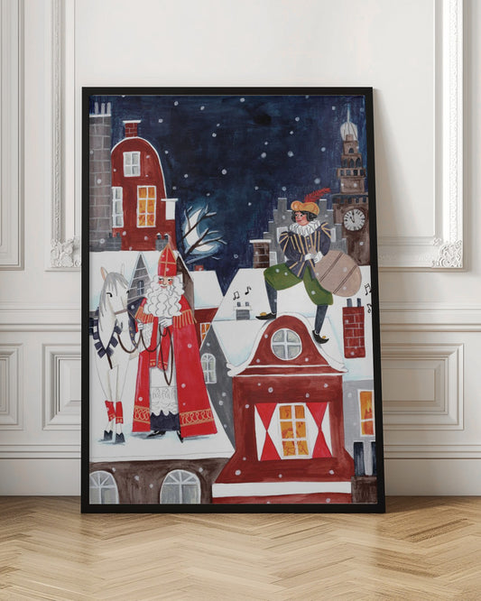 A folk art style illustration of a snowy village at night. Saint Nicholas (Sinterklaas) in his traditional red robe and miter stands with his white horse on a snow-covered roof. On another roof, his helper Zwarte Piet stands with a sack of gifts. The background features a clock tower and a dark, snowy sky. Wall Art