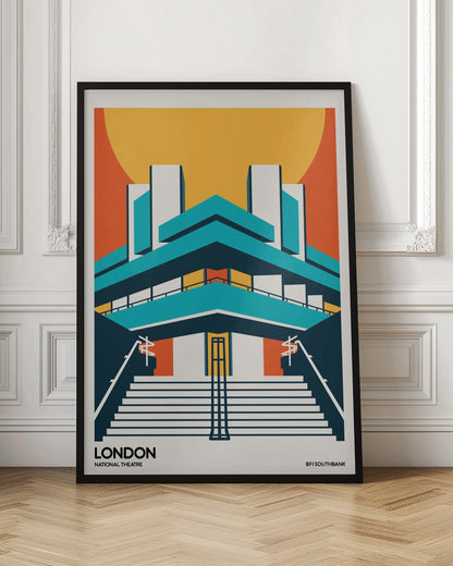 A stylized, graphic art travel poster of the National Theatre in London. The illustration uses a bold color palette of orange, yellow, and teal to depict the building's iconic Brutalist architecture against a large setting sun. Wide stairs lead up to the symmetrical facade. Text at the bottom reads 'LONDON NATIONAL THEATRE' and 'BFI SOUTHBANK'. Decor