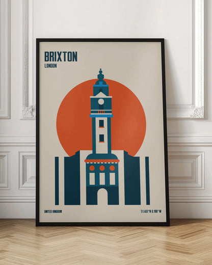 A minimalist travel poster of Brixton, London, featuring a stylized blue and white clock tower set against a large orange circle on a cream background. The text 'BRIXTON LONDON' is at the top, and 'UNITED KINGDOM' with geographic coordinates are at the bottom. The entire print is enclosed in a simple black frame. Poster