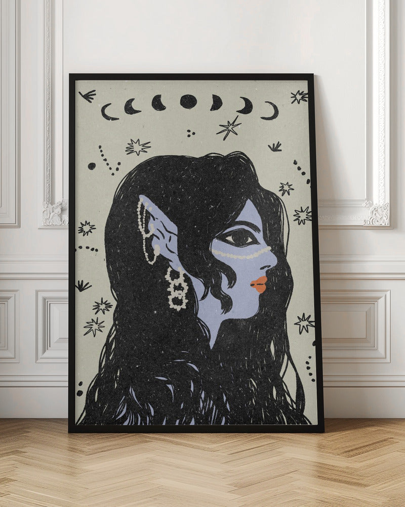 A stylized illustration of a woman in profile with light blue skin, long black hair, and pointed elven ears decorated with white jewelry. Her lips are orange, and she looks to the right. The background is a light cream color with black drawings of stars, constellations, and the phases of the moon above her head. Wall Art