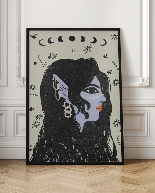 A stylized illustration of a woman in profile with light blue skin, long black hair, and pointed elven ears decorated with white jewelry. Her lips are orange, and she looks to the right. The background is a light cream color with black drawings of stars, constellations, and the phases of the moon above her head. Wall Art