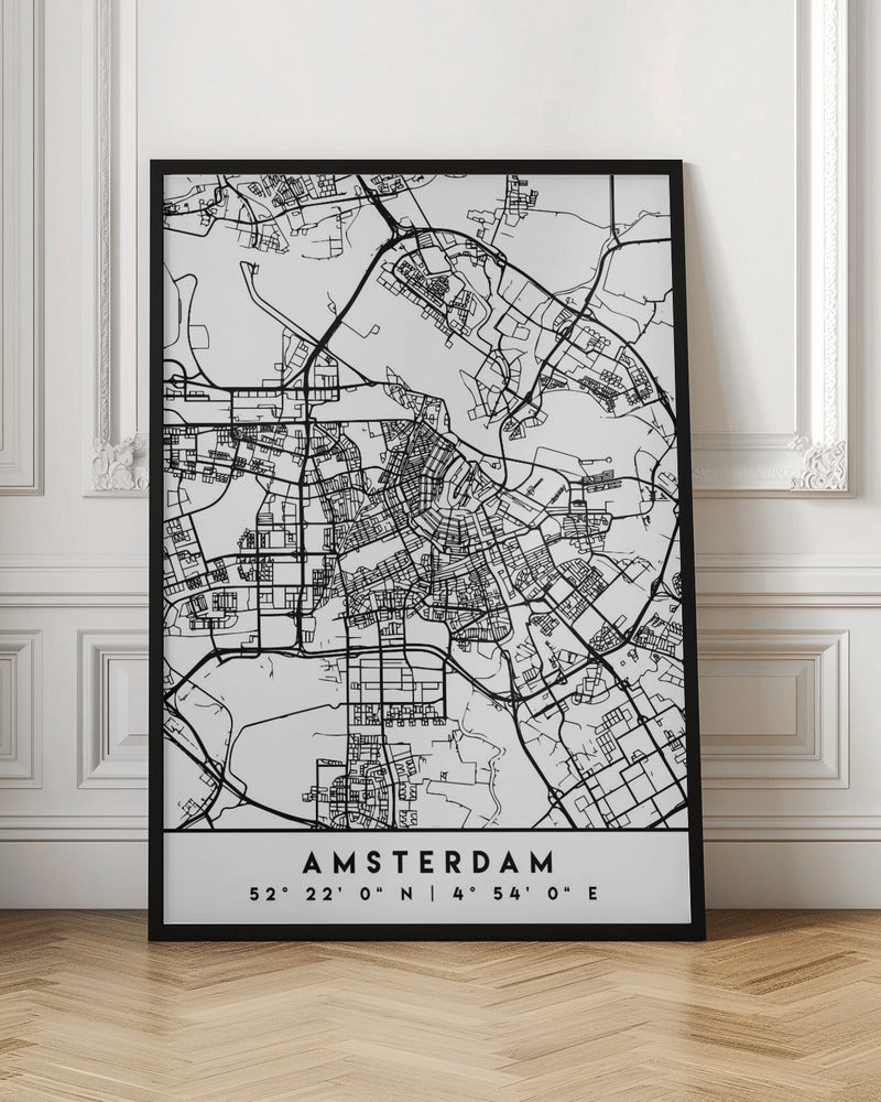 A minimalist black and white line art map of Amsterdam, Netherlands, in a black frame. The map details the intricate network of streets and canals. Below the map, the city's name 'AMSTERDAM' is printed in a bold, sans-serif font, with its geographical coordinates '52° 22' 0" N | 4° 54' 0" E' underneath. Poster