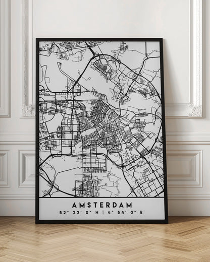 A minimalist black and white line art map of Amsterdam, Netherlands, in a black frame. The map details the intricate network of streets and canals. Below the map, the city's name 'AMSTERDAM' is printed in a bold, sans-serif font, with its geographical coordinates '52° 22' 0" N | 4° 54' 0" E' underneath. Poster