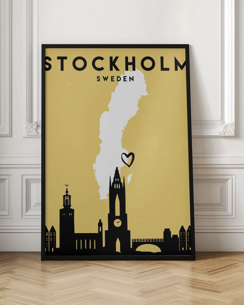 A minimalist travel poster for Stockholm, Sweden. It features a mustard yellow background with a black silhouette of the city's skyline at the bottom. A white outline of the map of Sweden is in the center, with a small black heart indicating Stockholm's location. The text 'STOCKHOLM SWEDEN' is at the top in black lettering. Decor