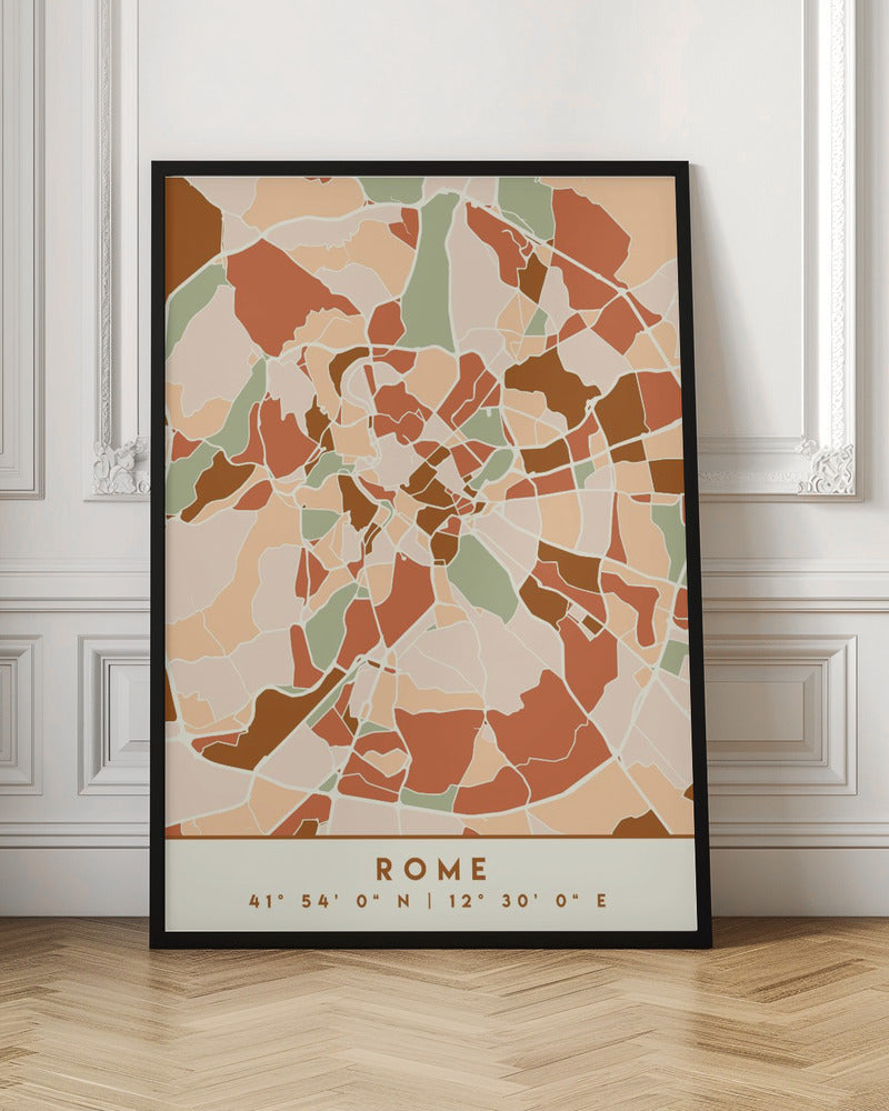A framed, stylized map of Rome featuring an abstract mosaic of city blocks in earthy tones of terracotta, brown, sage green, and beige. At the bottom, centered, is the text 'ROME' and its coordinates '41° 54' 0" N | 12° 30' 0" E'. Decor
