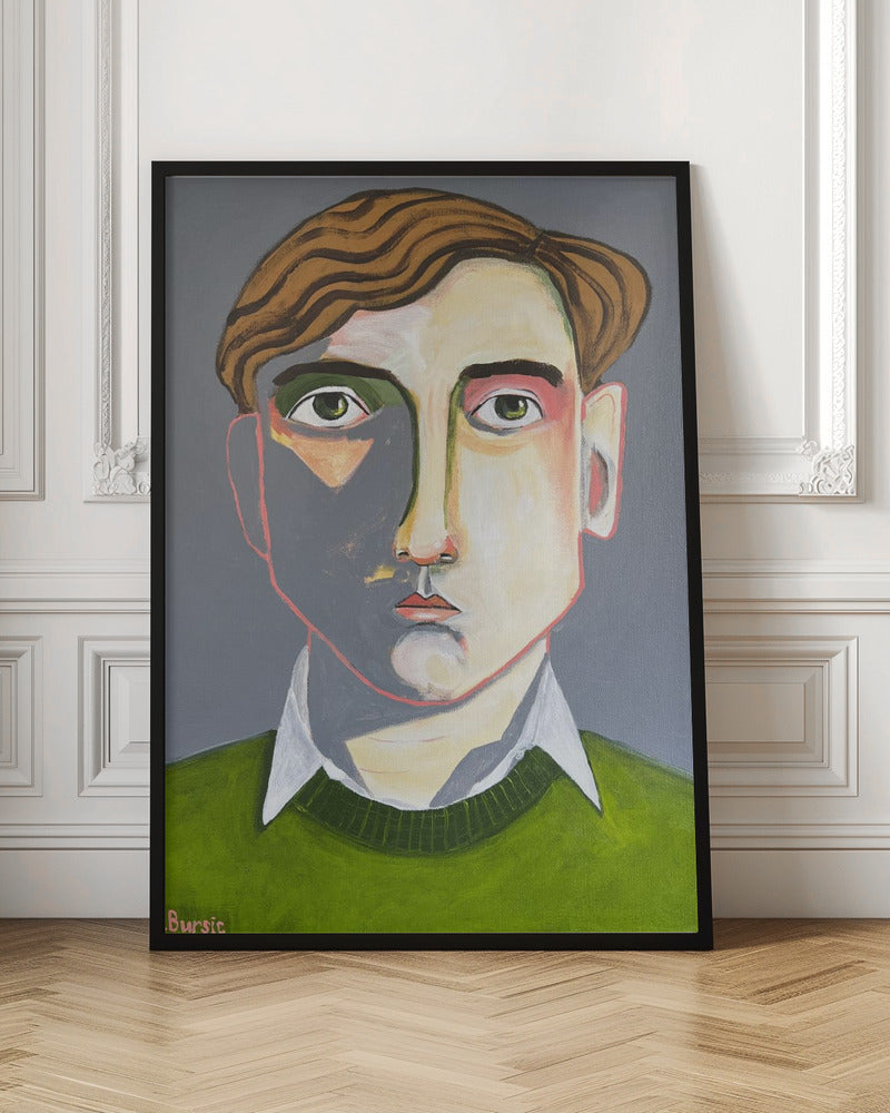 A modern, stylized portrait painting of a young man with wavy, reddish-brown hair and green eyes. He looks forward with a neutral expression. His face is angular with sharp lines, and a dramatic shadow covers the left side. He is wearing a dark olive green sweater over a white collared shirt, set against a solid dark gray background. The artwork is signed 'Bursic' in the lower-left corner and is presented in a simple black frame. Decor