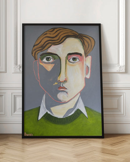 A modern, stylized portrait painting of a young man with wavy, reddish-brown hair and green eyes. He looks forward with a neutral expression. His face is angular with sharp lines, and a dramatic shadow covers the left side. He is wearing a dark olive green sweater over a white collared shirt, set against a solid dark gray background. The artwork is signed 'Bursic' in the lower-left corner and is presented in a simple black frame. Decor