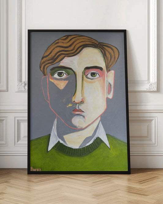 A modern, stylized portrait painting of a young man with wavy, reddish-brown hair and green eyes. He looks forward with a neutral expression. His face is angular with sharp lines, and a dramatic shadow covers the left side. He is wearing a dark olive green sweater over a white collared shirt, set against a solid dark gray background. The artwork is signed 'Bursic' in the lower-left corner and is presented in a simple black frame. Decor