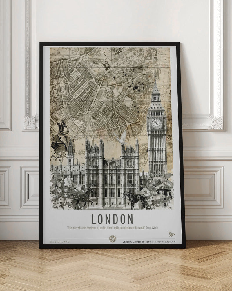 A vintage-style collage poster of London featuring an old sepia-toned map as the background. In the foreground are black and white illustrations of the Houses of Parliament and Big Ben, along with a man in historical dress, a dove, and horse-drawn carriages. The bottom reads 'LONDON' with a quote by Oscar Wilde. Poster