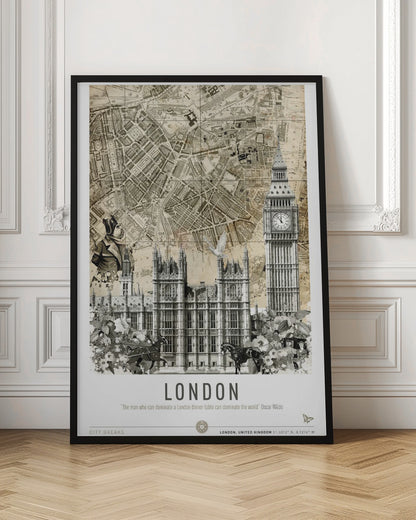 A vintage-style collage poster of London featuring an old sepia-toned map as the background. In the foreground are black and white illustrations of the Houses of Parliament and Big Ben, along with a man in historical dress, a dove, and horse-drawn carriages. The bottom reads 'LONDON' with a quote by Oscar Wilde. Poster