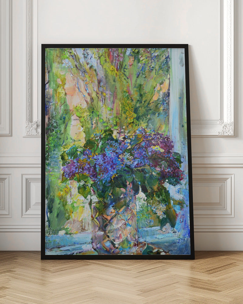 An impressionistic oil painting of a vibrant bouquet of purple and blue lilacs in a textured crystal vase, set against a sunlit window with lush green foliage outside. The artwork is characterized by thick, expressive brushstrokes. Artwork