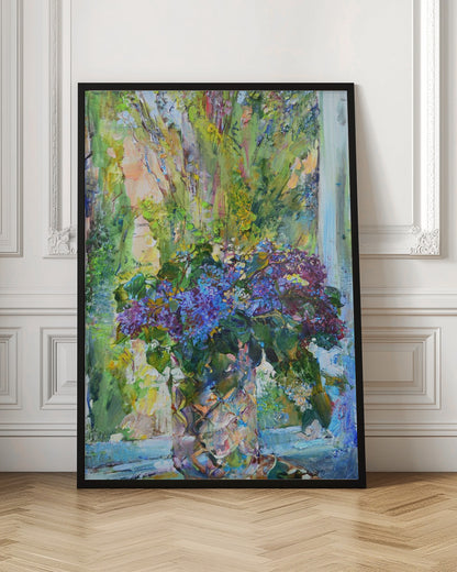 An impressionistic oil painting of a vibrant bouquet of purple and blue lilacs in a textured crystal vase, set against a sunlit window with lush green foliage outside. The artwork is characterized by thick, expressive brushstrokes. Artwork