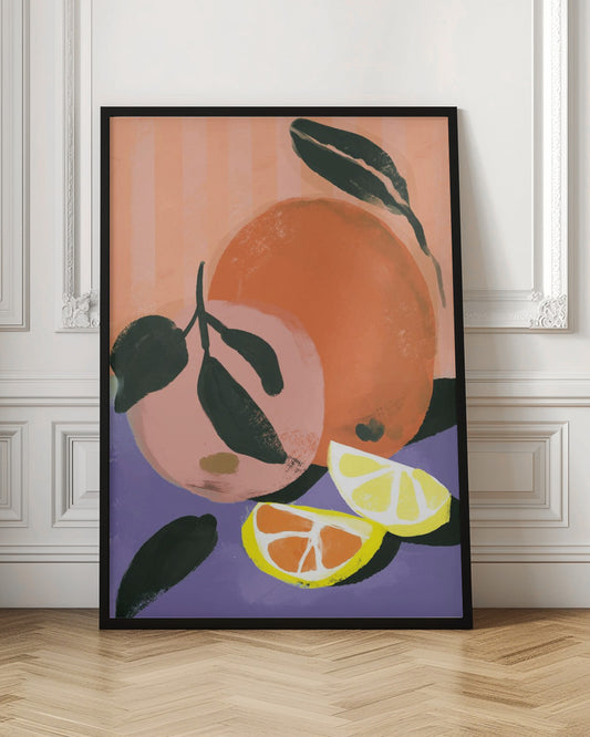 A colorful, painterly illustration of citrus fruits. The composition features two whole fruits, one orange and one pink, with dark green leaves, alongside two wedges of lemon and orange. They are set against a purple foreground and a background of vertical peach-colored stripes. Poster