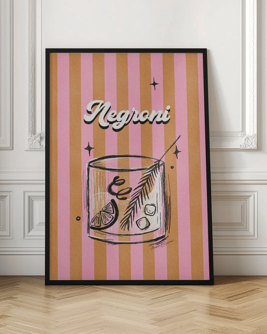 A retro-style poster of a Negroni cocktail. The drink is in a sketched rocks glass with a citrus slice and garnish, set against a background of vertical pink and orange stripes. The word 'Negroni' is written above in a stylized white font. Artwork