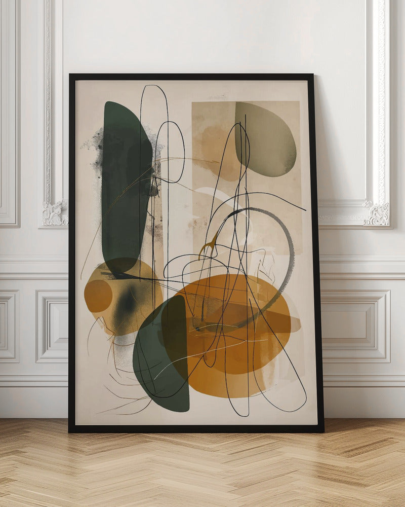 A vertical abstract composition featuring a mix of organic, overlapping shapes in dark green, ochre, and muted olive green against a light beige background. Thin, gestural black lines scribble and loop across the canvas, adding a dynamic and complex layer to the artwork, which is enclosed in a thin black frame. Poster