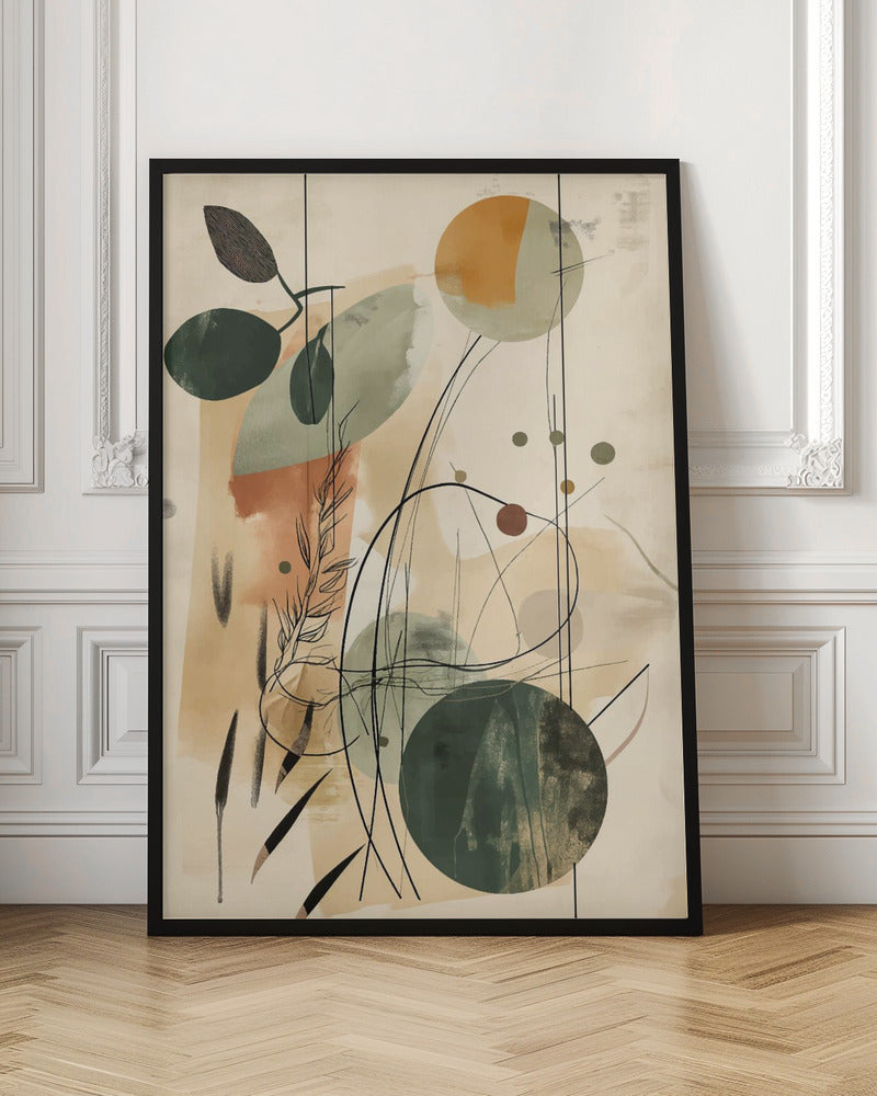An abstract artwork featuring a blend of botanical and geometric elements. On a beige background, there are overlapping shapes in muted green, sage, and terracotta. Fine black lines create the outlines of leaves, stems, and swirling abstract forms, adding a layer of detail over the painted shapes. Poster