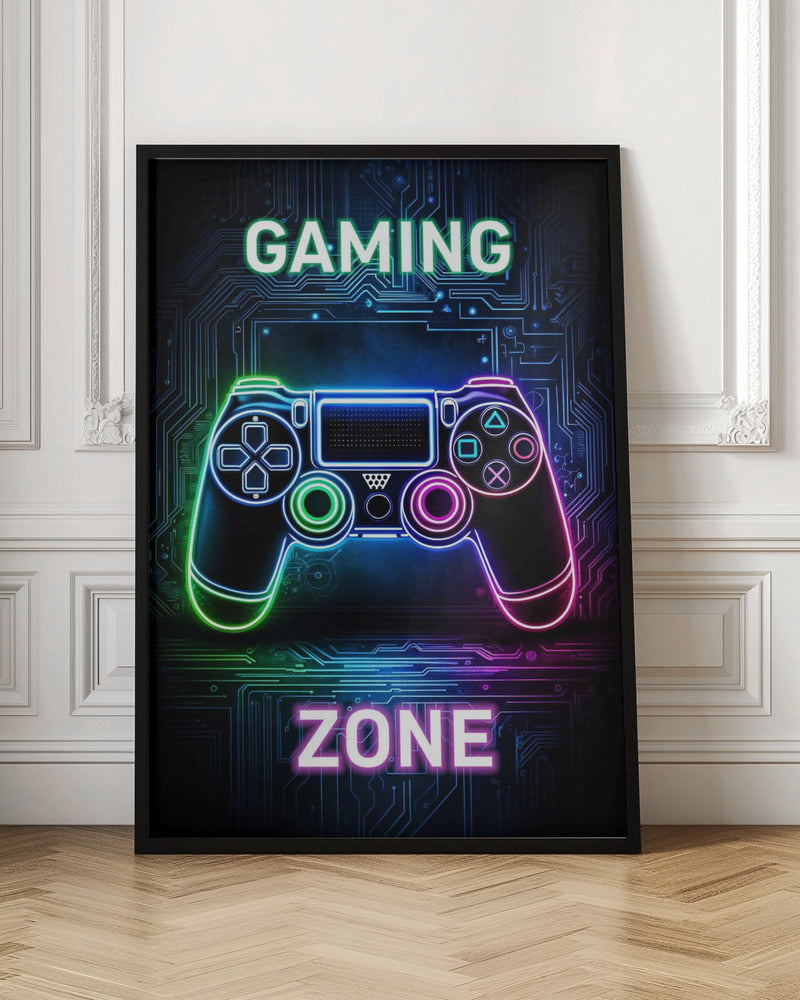 A futuristic gaming poster with a neon-outlined video game controller glowing in shades of blue, green, and pink. The controller is set against a dark background with a blue circuit board pattern. The words 'GAMING' and 'ZONE' are written in large, glowing neon letters above and below the controller. Artwork