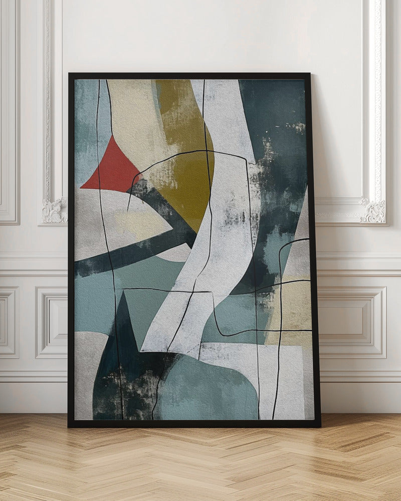 A vertical abstract painting in a black frame, featuring a composition of overlapping geometric and organic shapes in muted shades of teal, beige, olive green, and white. A small, vibrant red triangle adds a pop of color, and thin, meandering black lines are drawn over the entire canvas, giving it a collage-like feel. Artwork